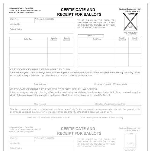 Certificate and receipt for ballots