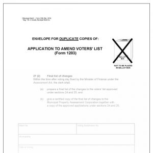 Envelope for duplicate copies of application to amend voters' list. Municipal World Item 1250