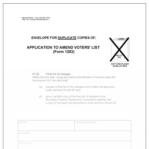 Envelope for duplicate copies of application to amend voters' list. Municipal World Item 1250