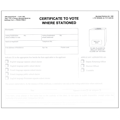 Certificate to vote where stationed. Form 1260