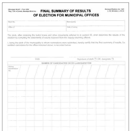 Final summary of results of election - municipal offices. Form 1294