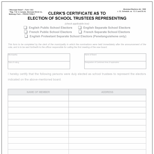 Clerk's certificate as to election of school board member Municipal World Form 1302