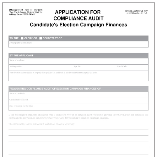 Application for a compliance audit of candidate's election campaign finances. Item 1441