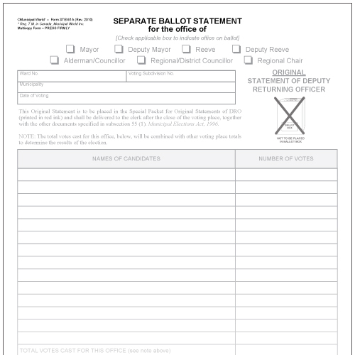 Statements and Envelopes  - includes one statement and 7 envelopes. Used to count votes on a separate ballot for a municipal office.