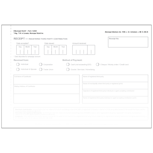 Campaign Contribution Receipts Book for Third Party in Duplicate. Book of 25