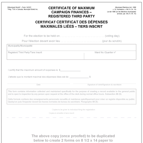 Certificate of maximum campaign expenses for registered third party municipal world form 1432