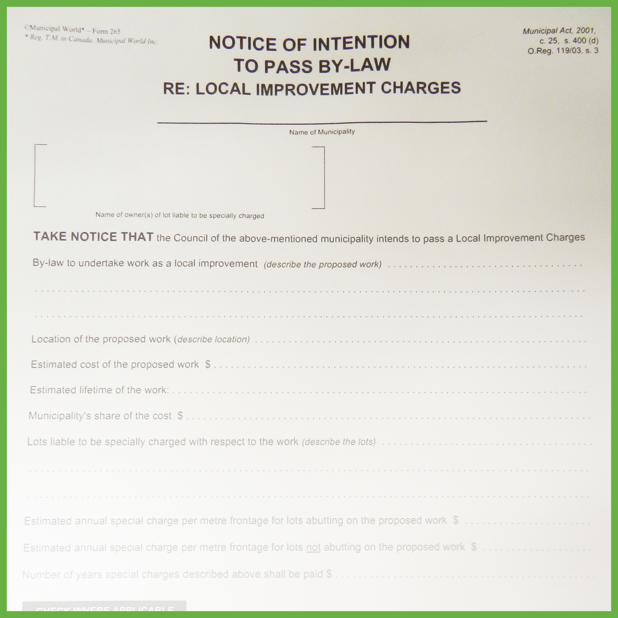 Item 0265 - Notice of intention to construct local improvement - Form 2 Item 0265 - Notice of intention to construct local improvement - Form 2