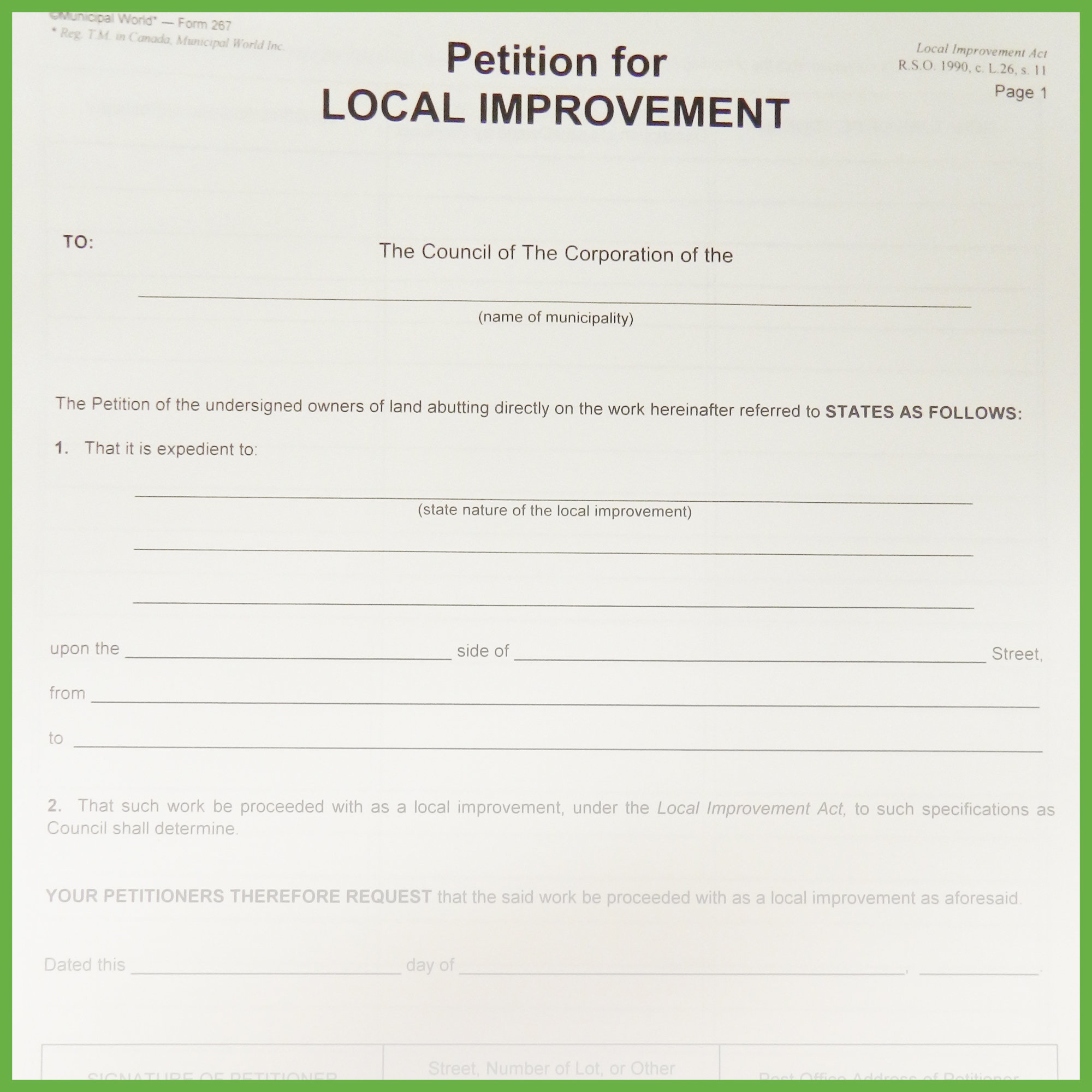 Item 0267 - Petition for local improvement - 2 page form Item 0267 - Petition for local improvement - 2 page form