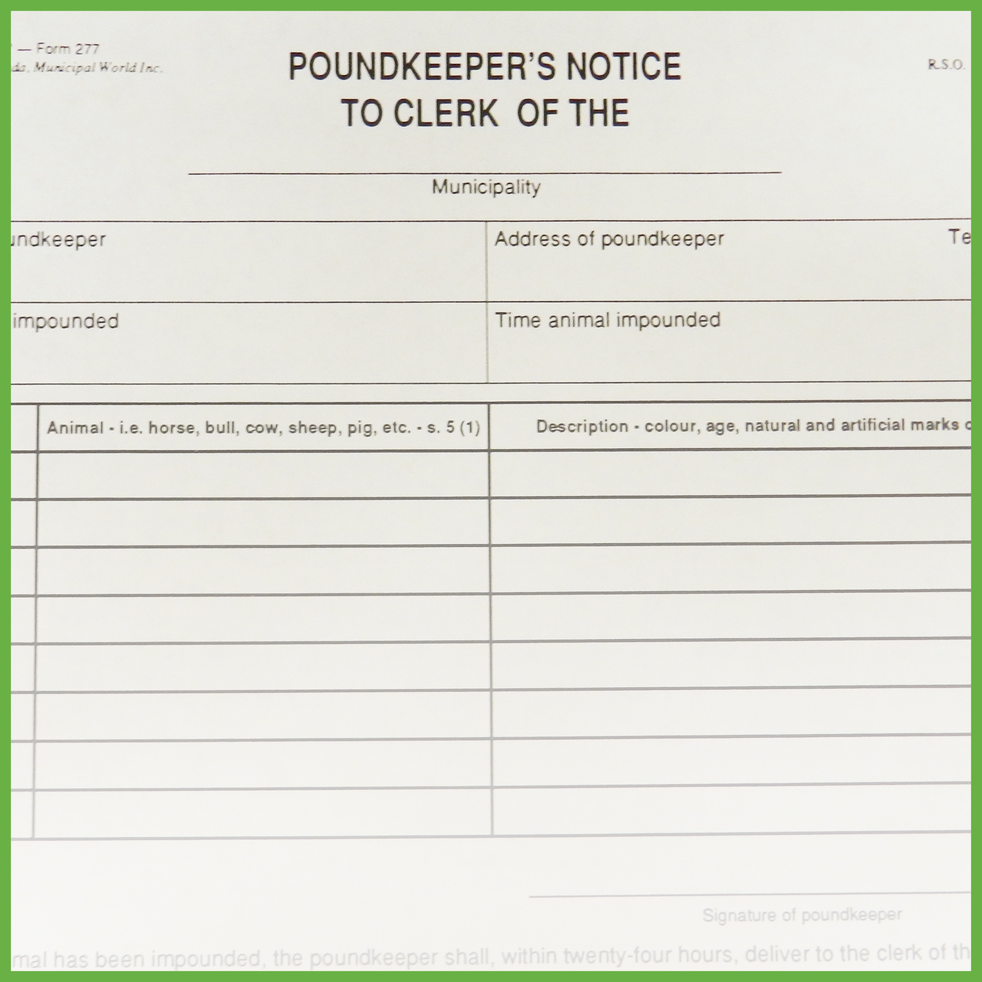 Item 0277 - Poundkeeper's notice to clerk Item 0277 - Poundkeeper's notice to clerk