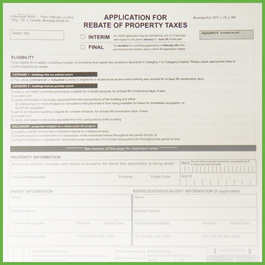 Application for Rebate of Property Tax 2 pages verification sheet