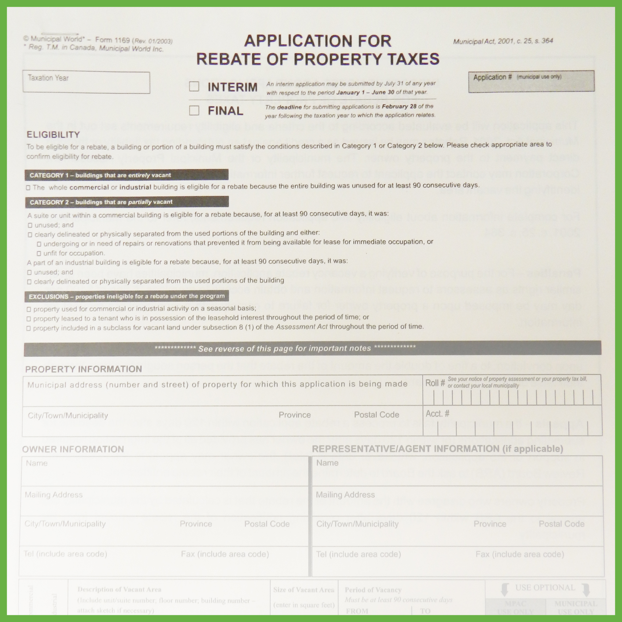 Application For Rebate Of Property Tax 2 Pages Verification Sheet