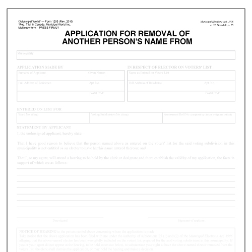 Item 1205 - Application for removal of another persons name from voters list