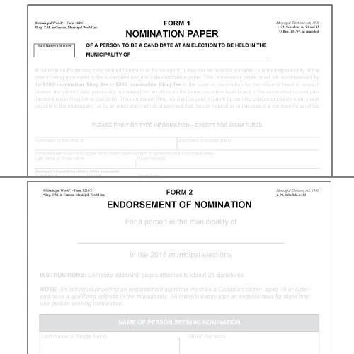 Nomination Forms - Prescribed Forms 1 & 2 Package (10pk) Municipal World Item 1210/A