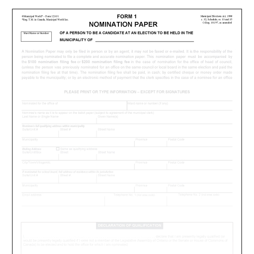 Item 1210/1B - Nomination paper - Form 1 (20pk)