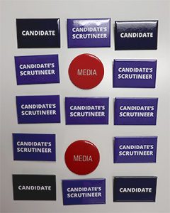 Candidate badge pack including Media, Candidate, and Candidate's Scrutineer badges for voting day